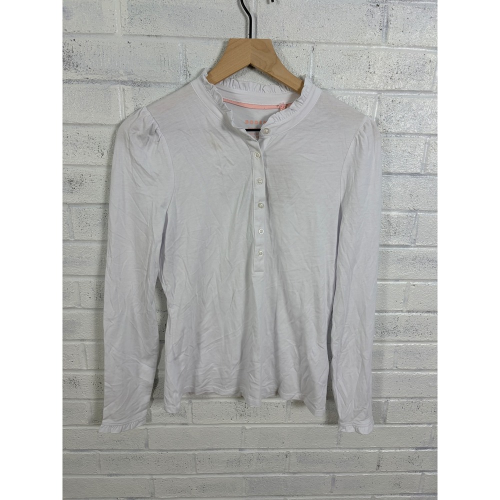 Boden Supersoft Frill Henley Top Womens 4 White Long Sleeve Preppy Cottagecore